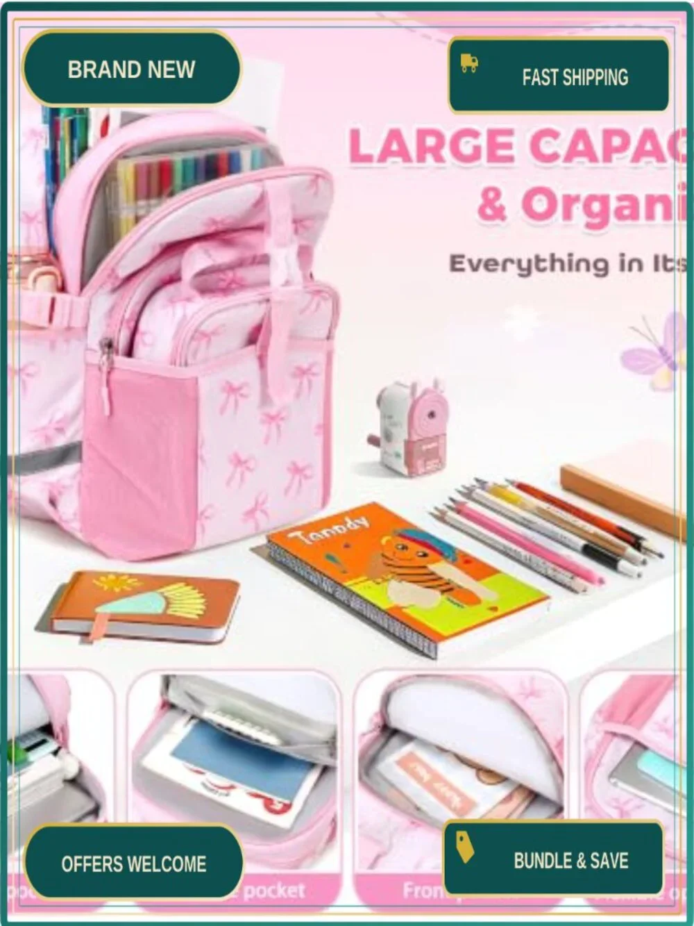 Kids Backpack 4-Piece Set with Water Bottle Lunch Box Pencil Case for School
